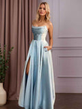 Light Blue Satin A Line Beaded Corset Long Prom Dress With High Slit