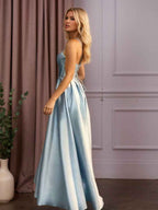 Light Blue Satin A Line Beaded Corset Long Prom Dress With High Slit