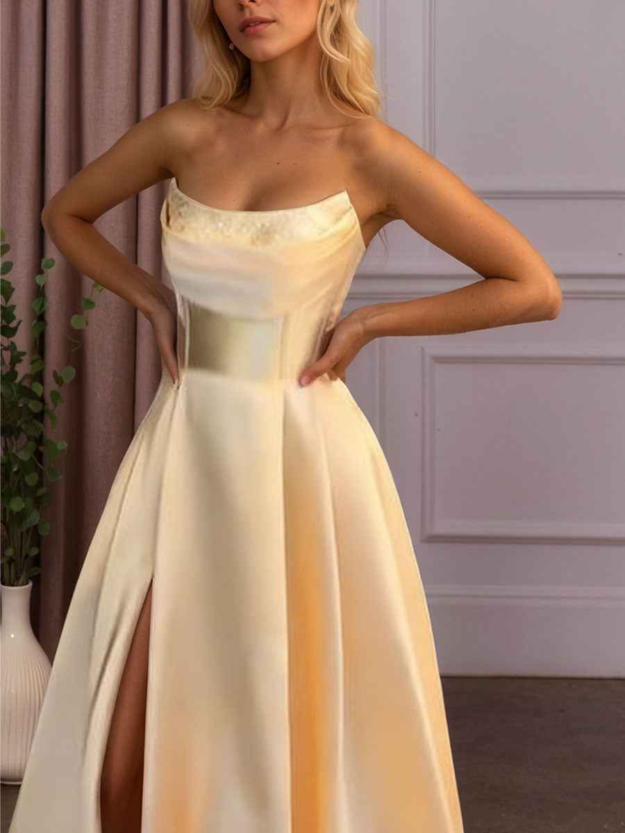 Light Blue Satin A Line Beaded Corset Long Prom Dress With High Slit
