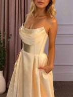 Light Blue Satin A Line Beaded Corset Long Prom Dress With High Slit