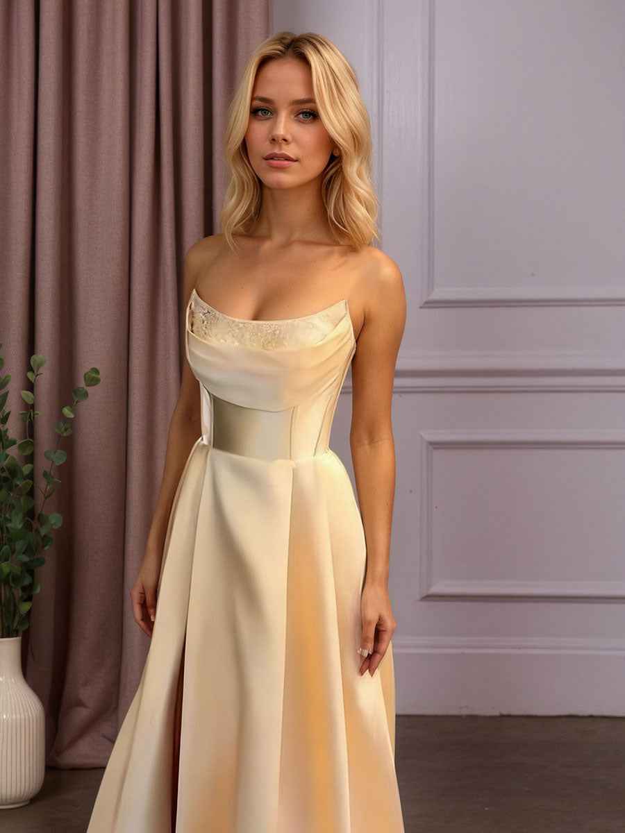 Light Blue Satin A Line Beaded Corset Long Prom Dress With High Slit
