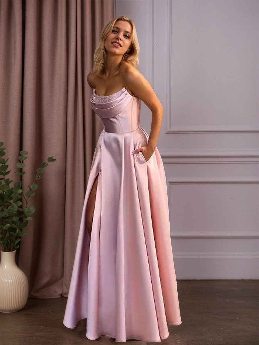 Light Blue Satin A Line Beaded Corset Long Prom Dress With High Slit
