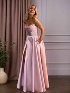 Light Blue Satin A Line Beaded Corset Long Prom Dress With High Slit