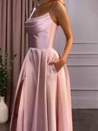 Light Blue Satin A Line Beaded Corset Long Prom Dress With High Slit