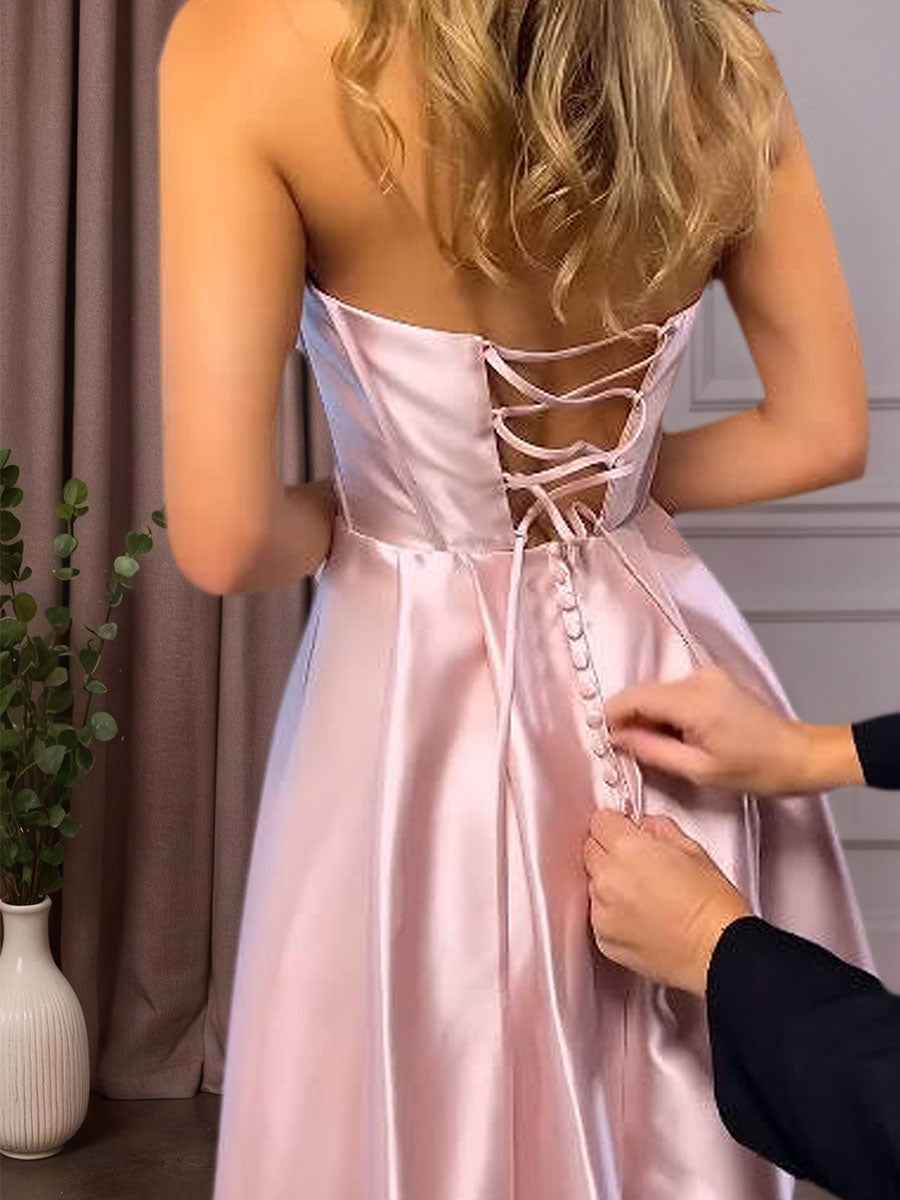 Light Blue Satin A Line Beaded Corset Long Prom Dress With High Slit