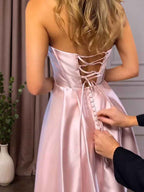 Light Blue Satin A Line Beaded Corset Long Prom Dress With High Slit