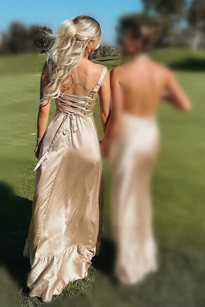 Satin A-Linie Spaghettiträger Schnürung Langes Brautjungfernkleid mit Schlitz 