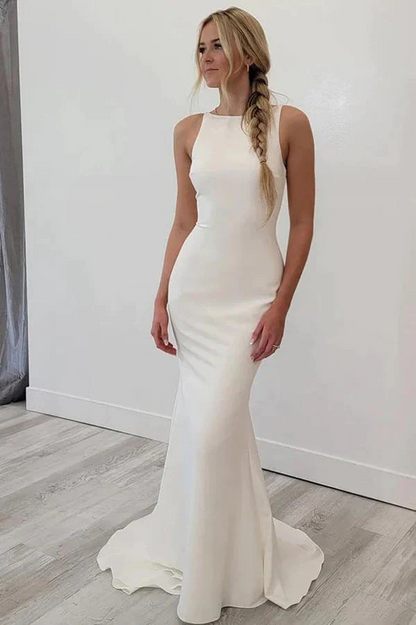 Satin Meerjungfrau Open Back Strand Brautkleider Einfache Brautkleider