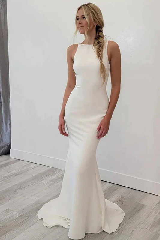 Satin Mermaid Open Back Beach Wedding Dresses Simple Bridal Gowns