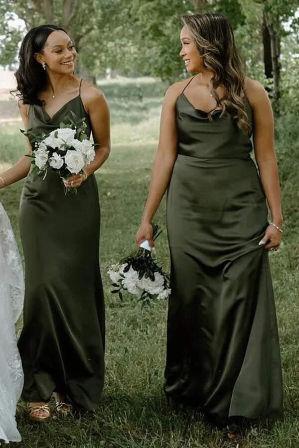Satin Sheath Spaghetti Straps Cowl Neck Long Bridesmaid Dresses