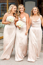 Satin Sheath Spaghetti Straps Cowl Neck Long Bridesmaid Dresses