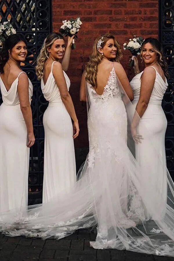 Satin Sheath Spaghetti Straps Cowl Neck Long Bridesmaid Dresses