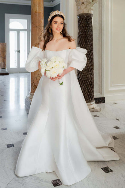 Satin Mermaid Off Shoulder Puff Sleeves Wedding Dress