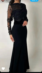 Saudi Arabia Black Women Evening Gowns Beads Floor Length Prom Dresses Long Sleeves Formal Wedding Cocktail Party Dress