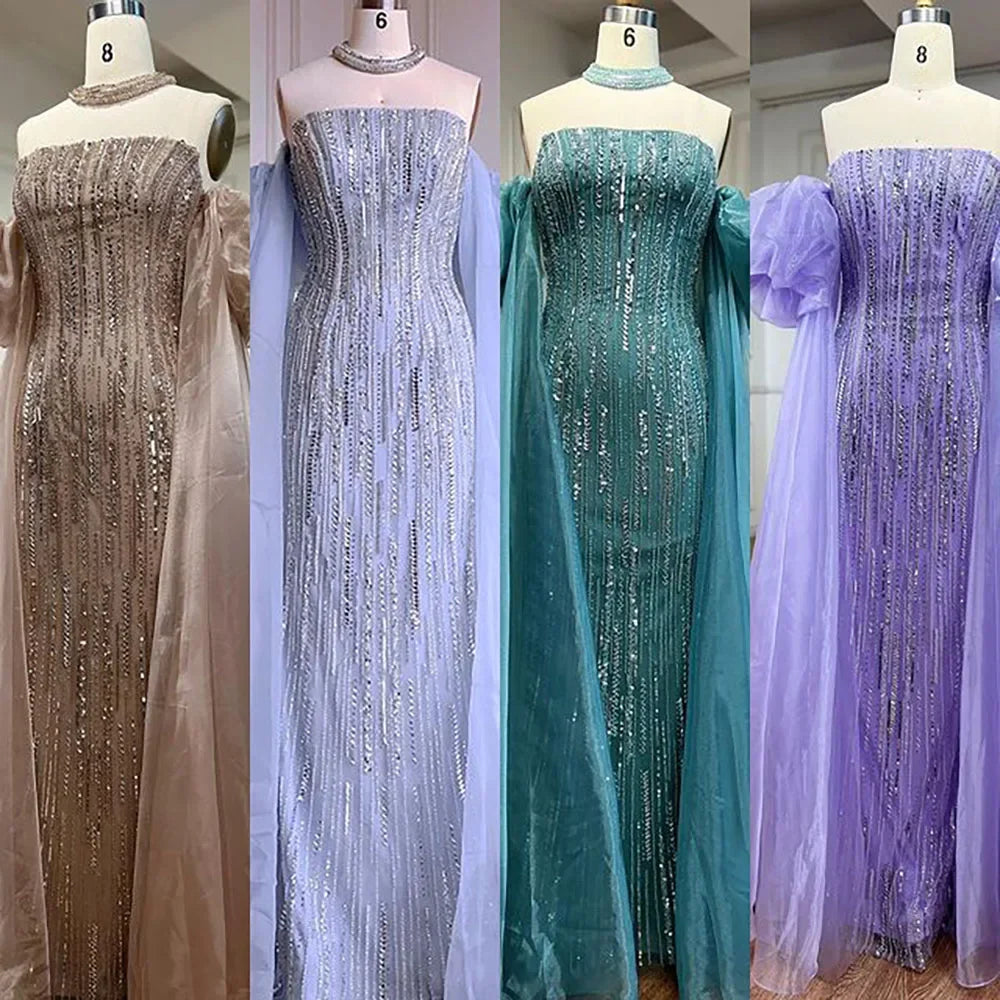 Custom Blue Mermaid Evening Gown Featuring Beaded Puff Sleeves