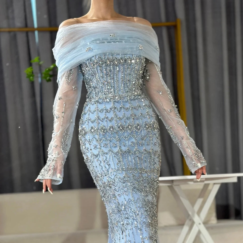 Women Blue Mermaid Beaded Evening Dress Detachable Sleeves Custom Fit
