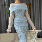 Women Blue Mermaid Beaded Evening Dress Detachable Sleeves Custom Fit