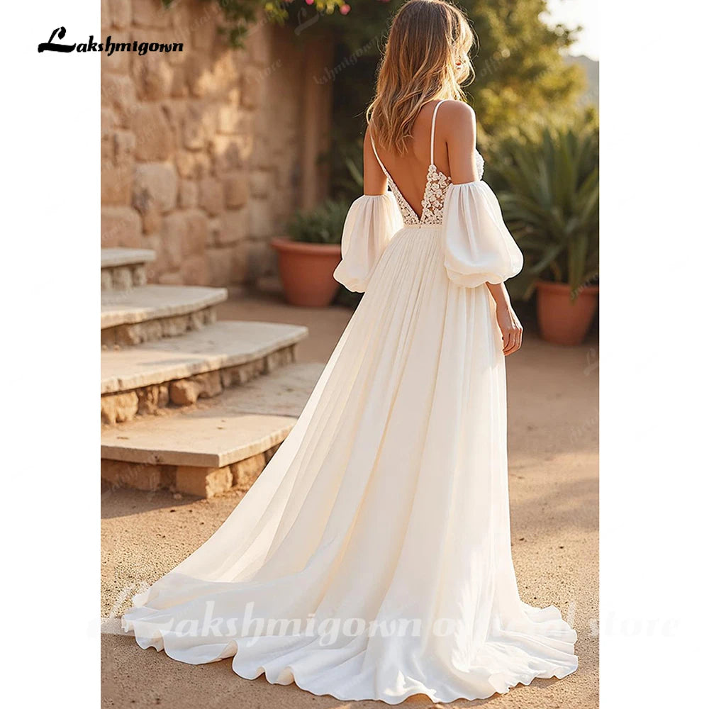 Ivory Chiffon V-Neck Beach Wedding Court Train Lace Spaghetti Straps Gown