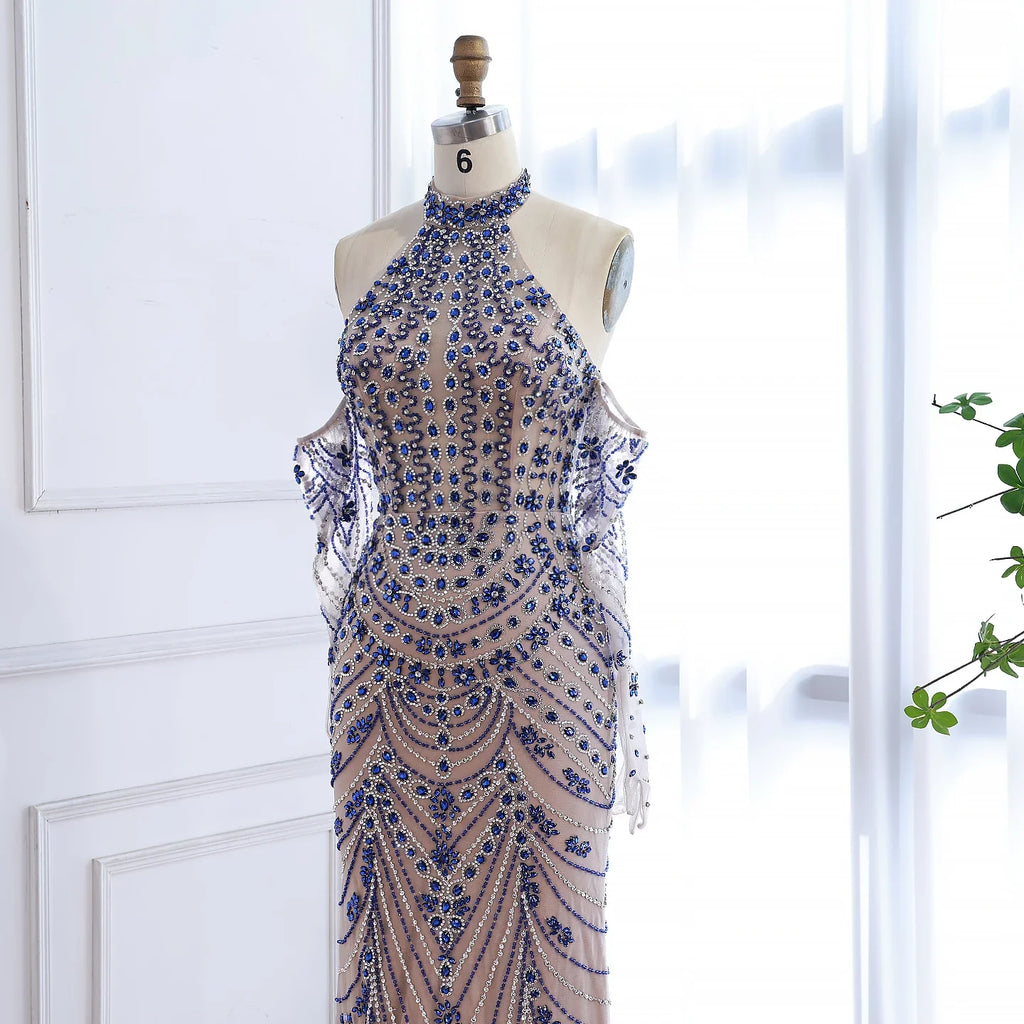 Luxury Kosovo Blue Evening Dress With Gloves LA72760C