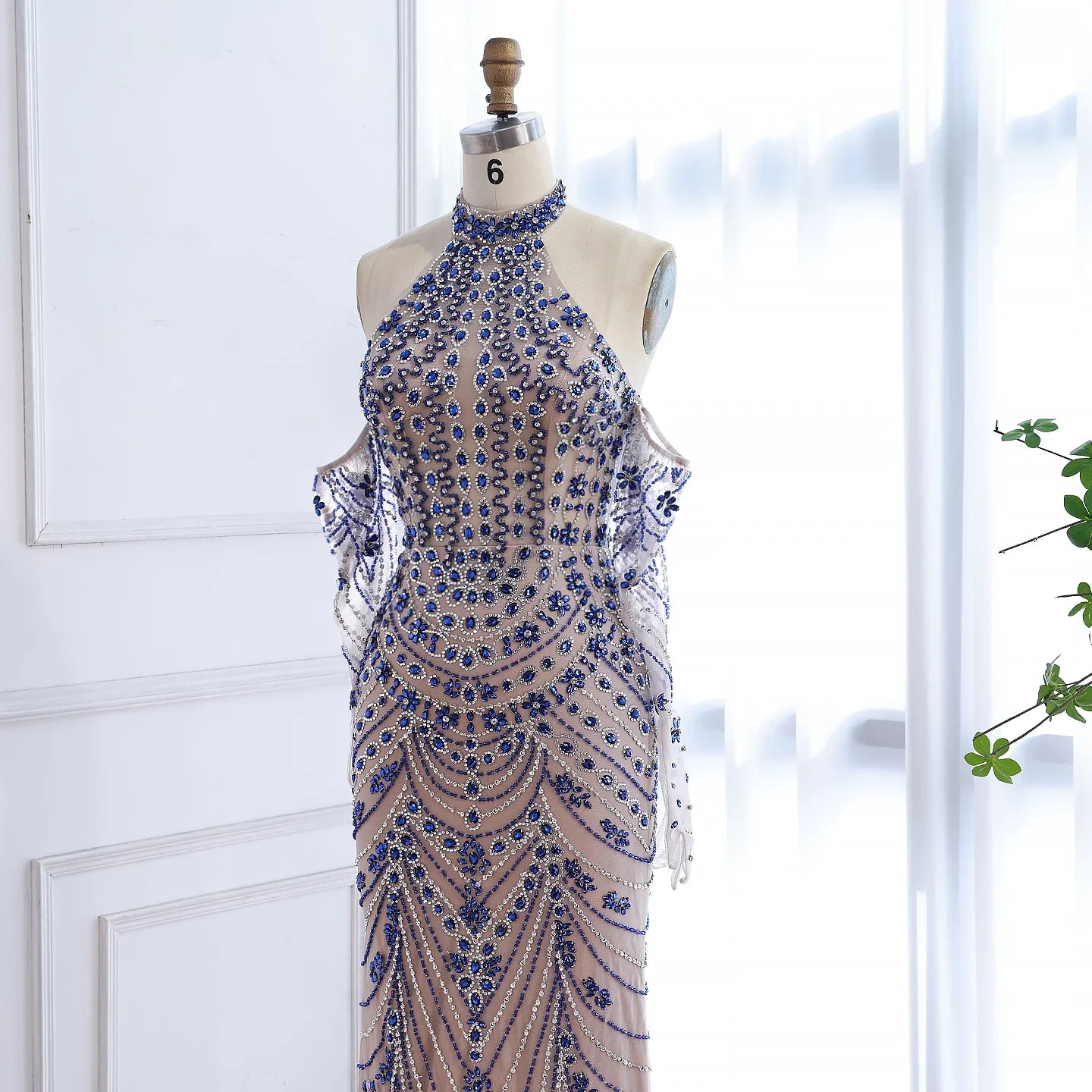 Luxury Kosovo Blue Evening Dress With Gloves LA72760C