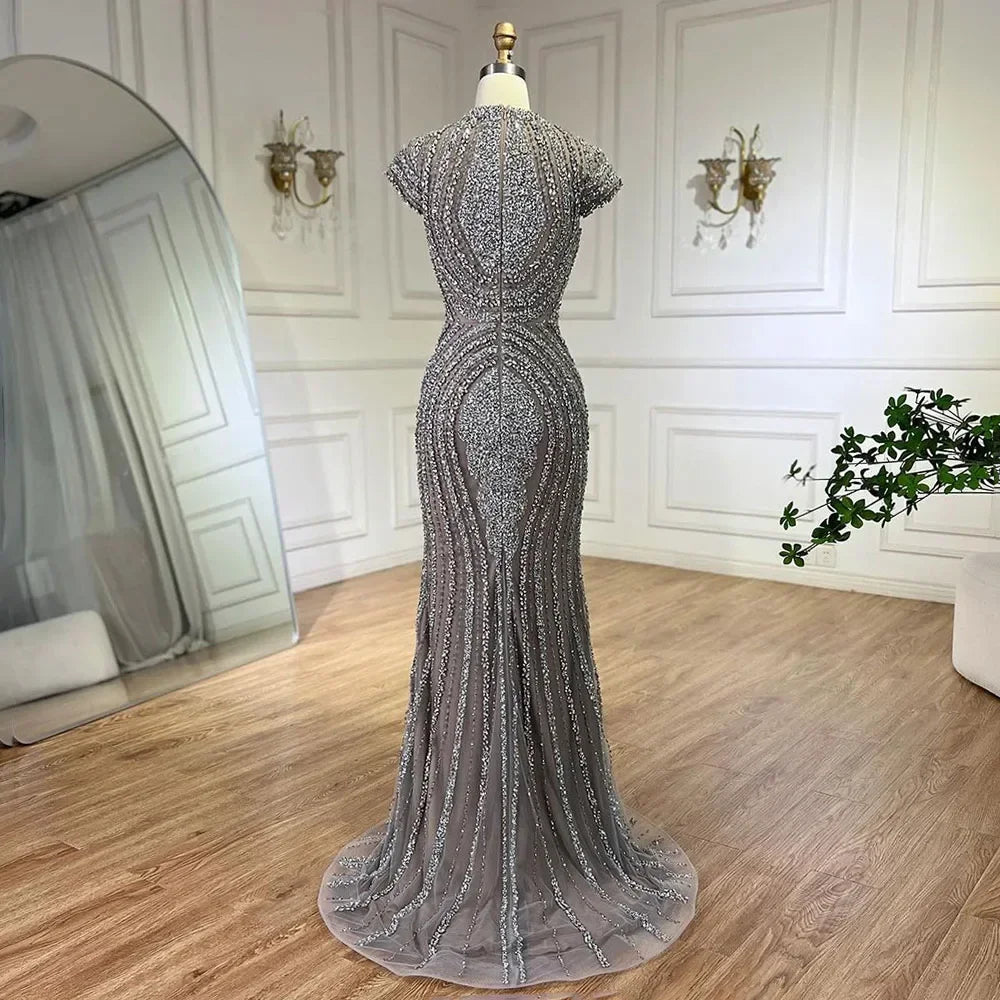 Custom Gray Beaded Mermaid Luxury Evening Gown With Cap Sleeves