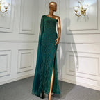 Serene Hill Custom Gold Beaded Mermaid One Shoulder Cape Sleeve Evening Dress