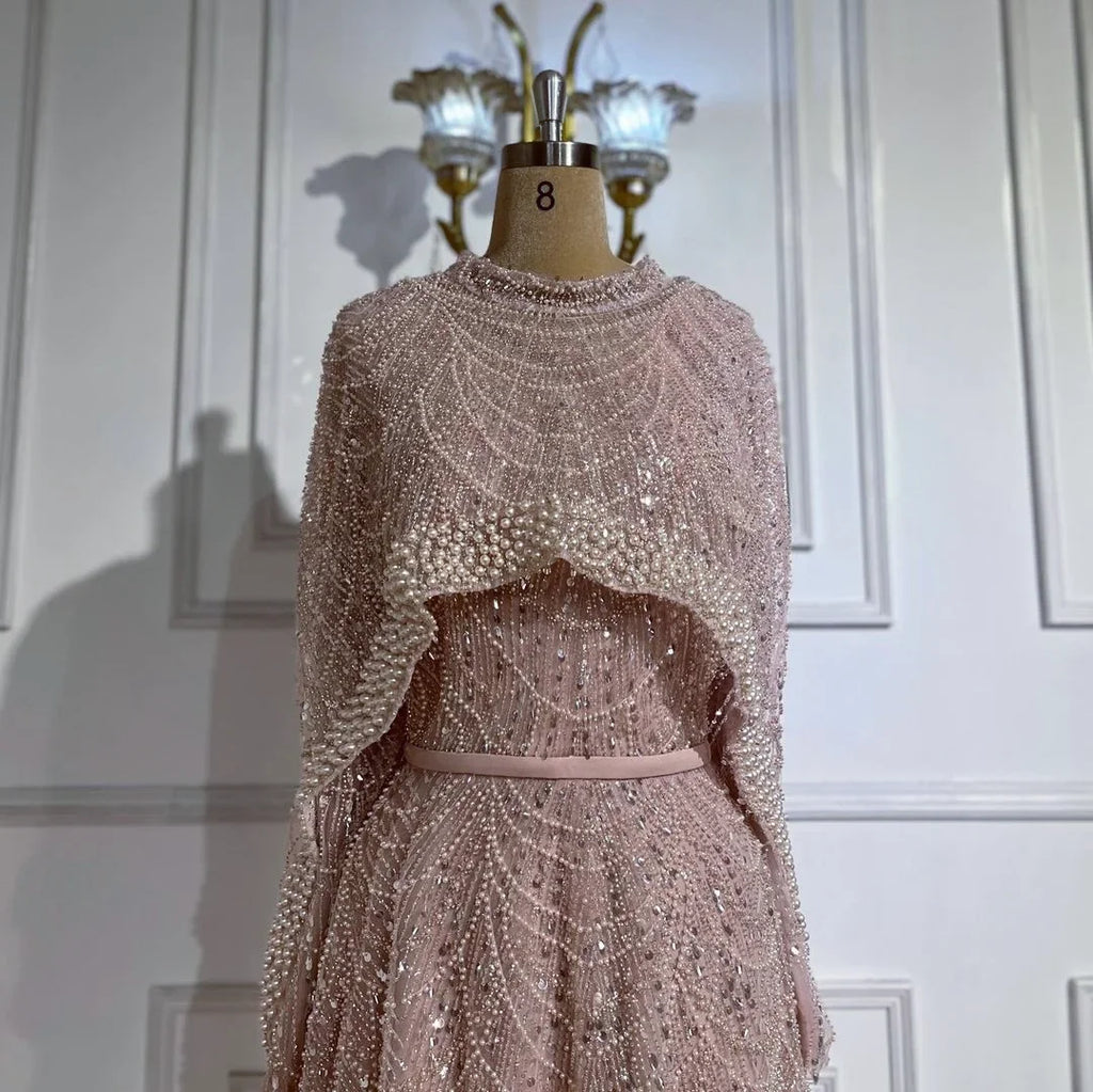 Custom Green Long Sleeve A Line Evening Cape Wedding Party Dress For Women