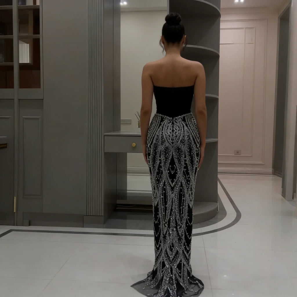 Women Black Mermaid Evening Dress Custom Beaded Luxury Gown