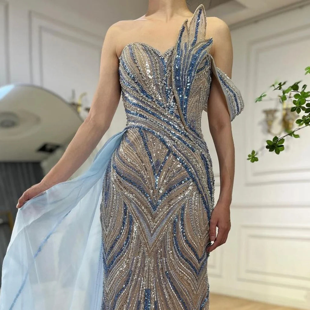 Serene Hill Blue Strapless Mermaid Beaded Custom Evening Gown With Skirt