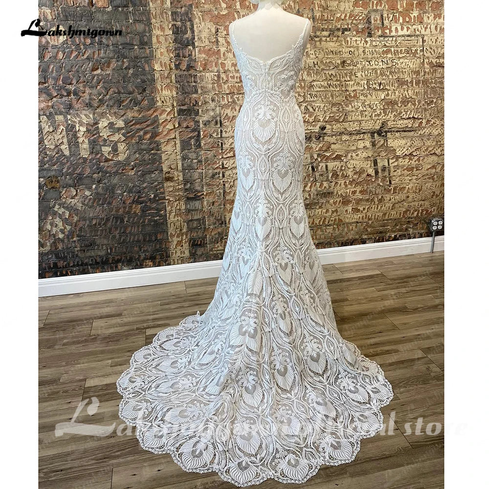 Lace Mermaid Wedding Dress Bohemian Bridal Gown With Detachable Sleeves