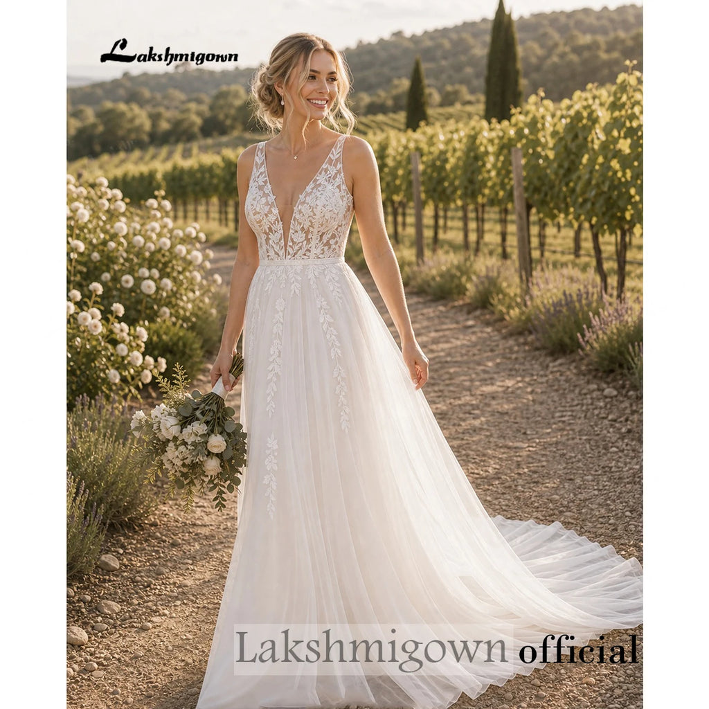 Custom Tulle Bridal Gown Deep V Neck Sleeveless Lace Appliques Wedding Dress