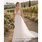 Custom Tulle Bridal Gown Deep V Neck Sleeveless Lace Appliques Wedding Dress