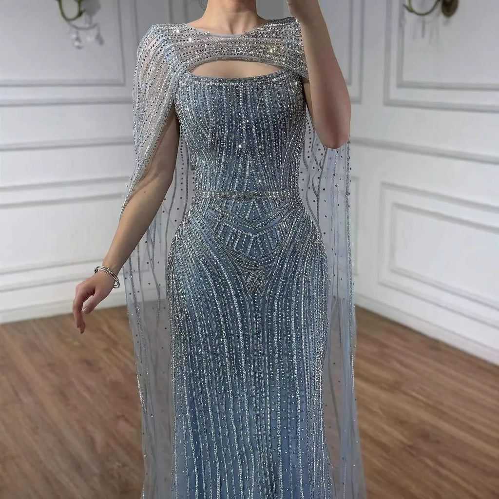 Luxury Blue Diamond Evening Dress With Cape LA73426
