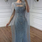 Luxury Blue Diamond Evening Dress With Cape LA73426