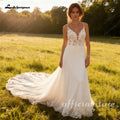 Customized Lace Backless Wedding Dress With Spaghetti Straps And Long Train