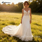 Customized Lace Backless Wedding Dress With Spaghetti Straps And Long Train