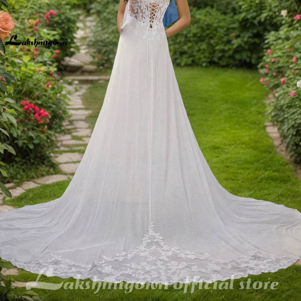Customized Boho Bridal Gown With V Neck Lace Applique And Spaghetti Straps