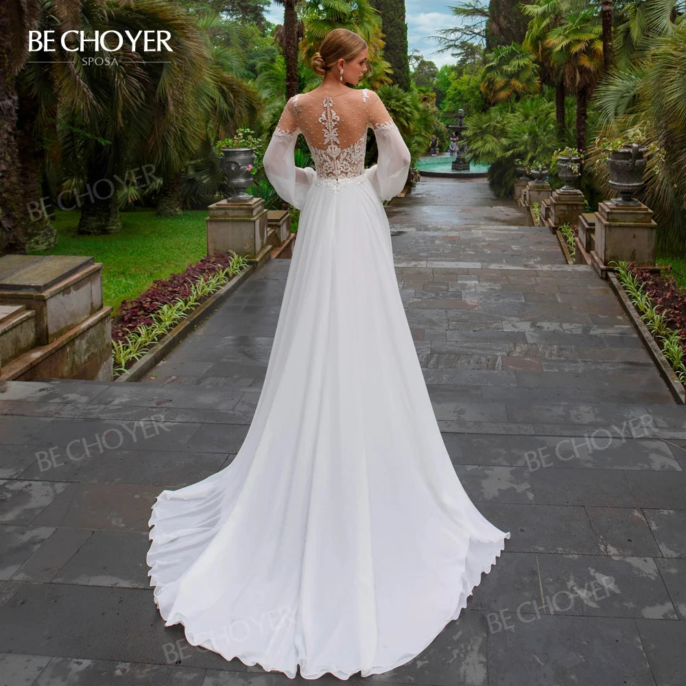 Long Sleeve A Line Wedding Dress With Beaded Appliques Plus Size Gown