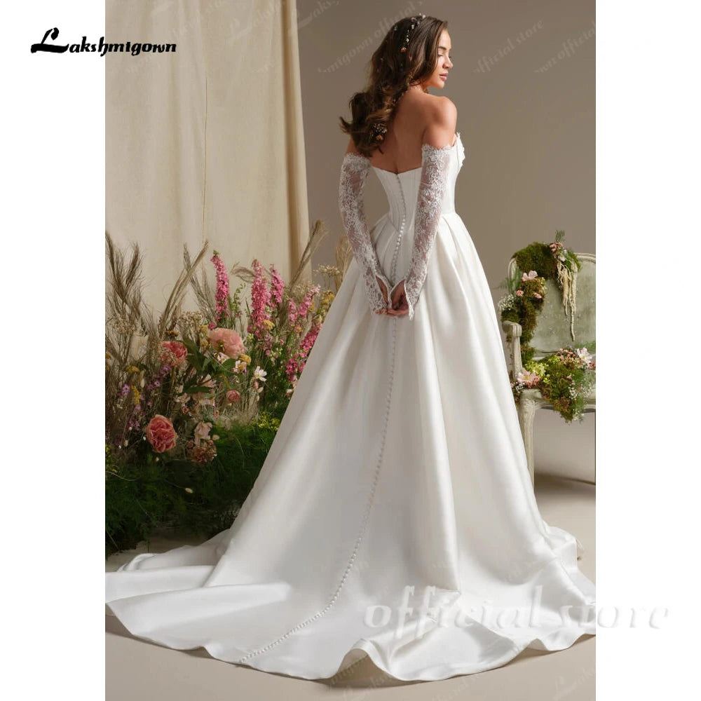 Custom A Line Satin Wedding Dress Off Shoulder Lace Long Sleeve Corset Gown