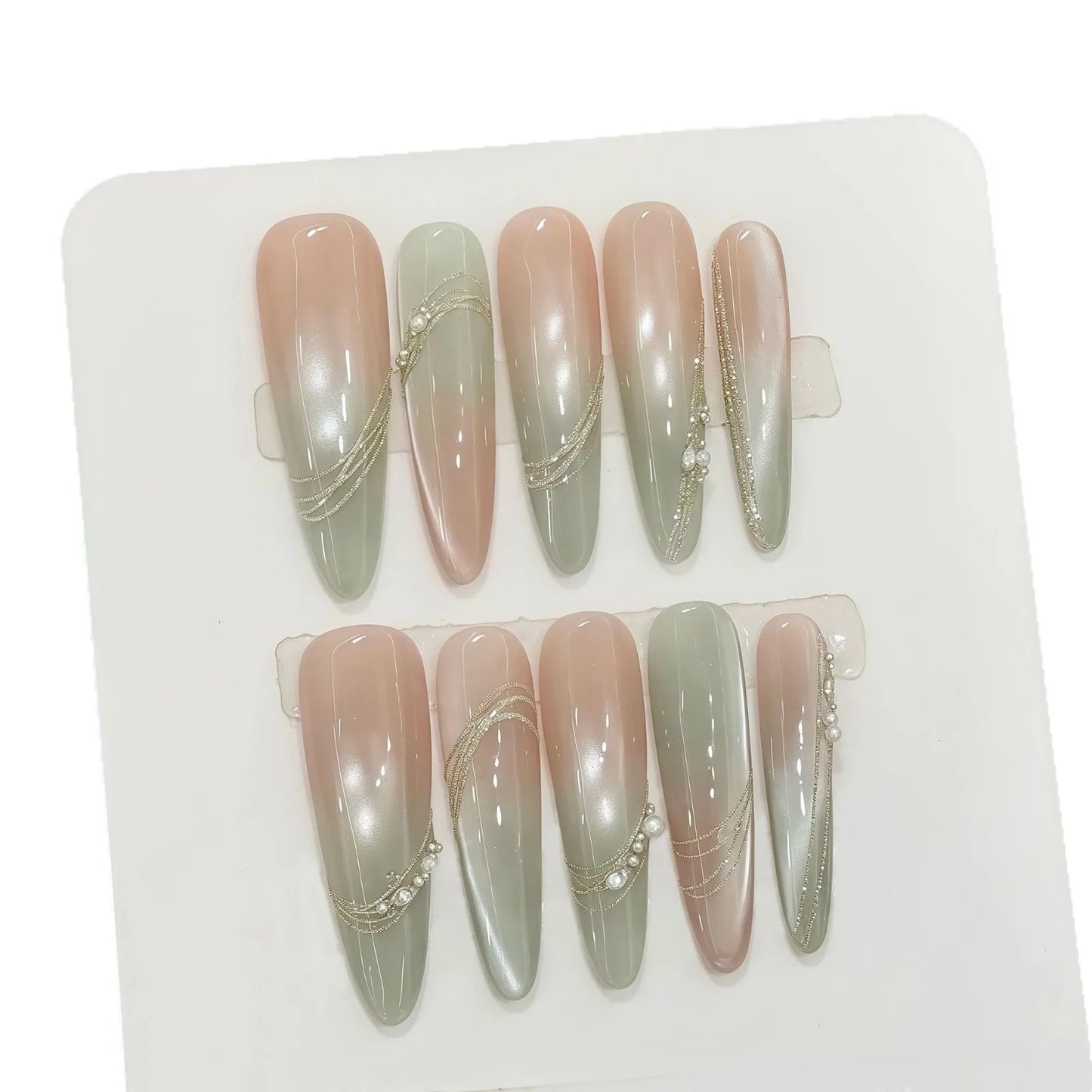 10 uñas postizas de color pomelo verde, hechas a mano, transparentes, estilo ojo de gato, sencillas, ligeras y de lujo, para primavera. 