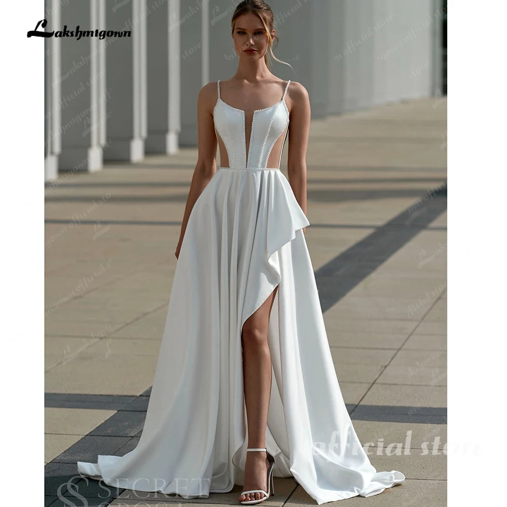 Customized Modern Satin Wedding Dress With High Slit And Sweep Train Design