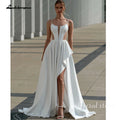 Customized Modern Satin Wedding Dress With High Slit And Sweep Train Design