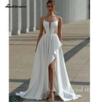Customized Modern Satin Wedding Dress With High Slit And Sweep Train Design