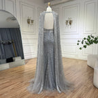 Gray Arabic Mermaid Beaded Evening Dress With Detachable Cape