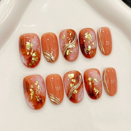 10 uñas postizas hechas a mano con diseño de lámina dorada brillante y naranja, estilo japonés, para mujeres y niñas. 