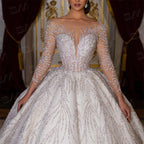 Vestidos de novia sexys con cuentas Vestidos de novia de lujo con cuentas hechas a mano Vestido de boda de manga larga Vestido de baile con cola larga de capilla