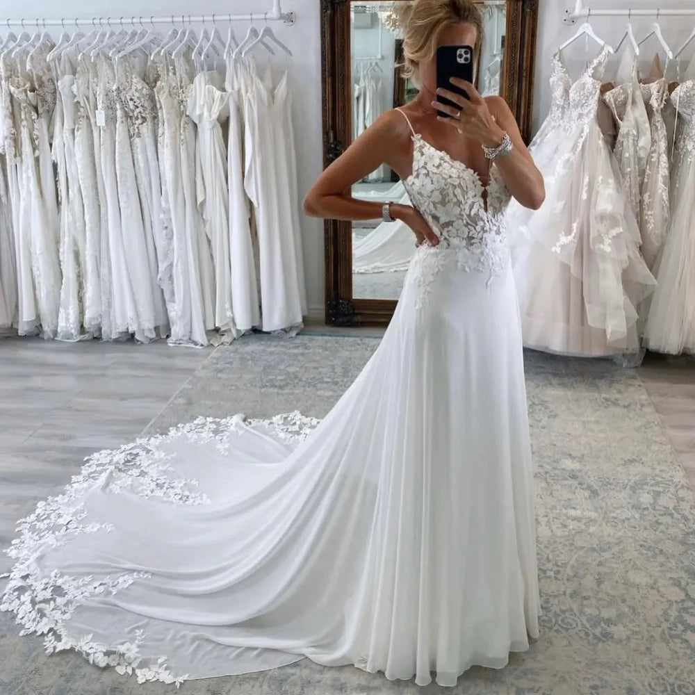 Boho Beach A Line Chiffon Wedding Dress With V Neck And Spaghetti Straps