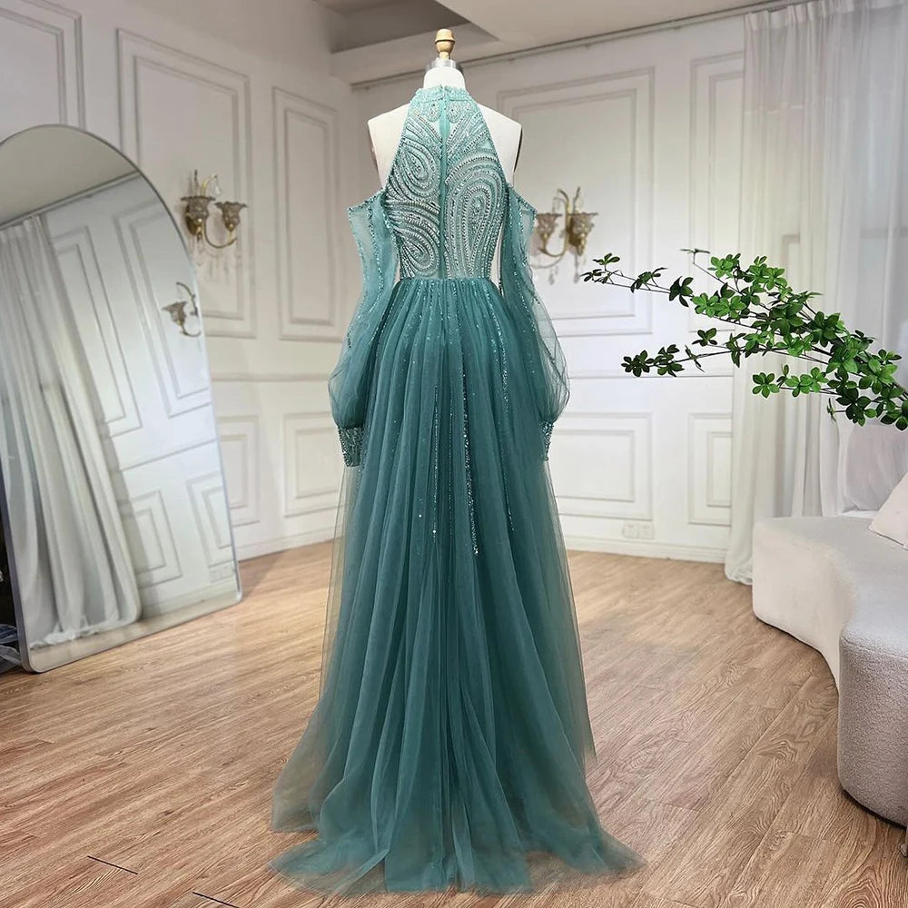Serene Hill Customized Turquoise Mermaid Beaded Evening Dress Women Wedding