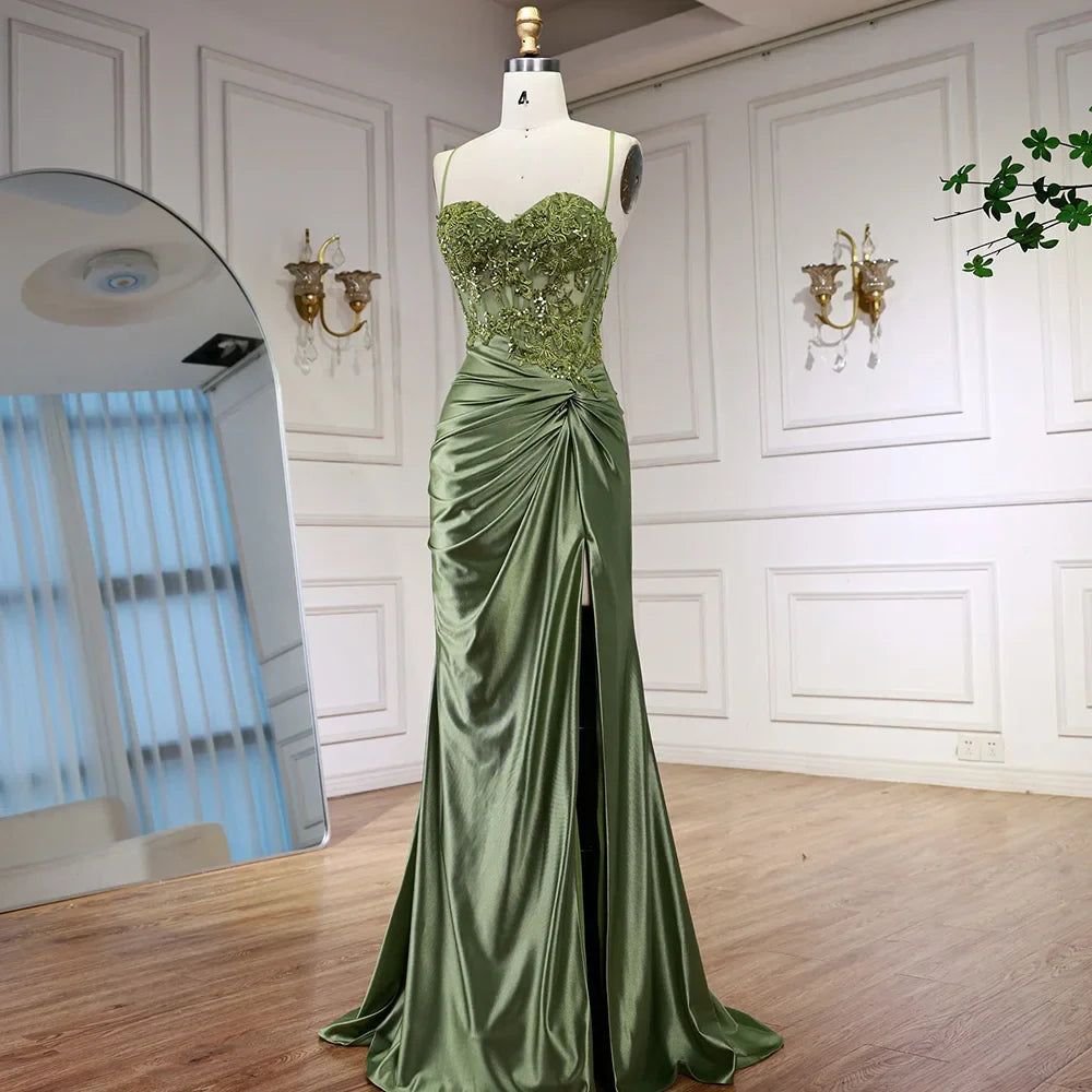 Luxury Sage Green Satin Prom Dress with Slit LA73032