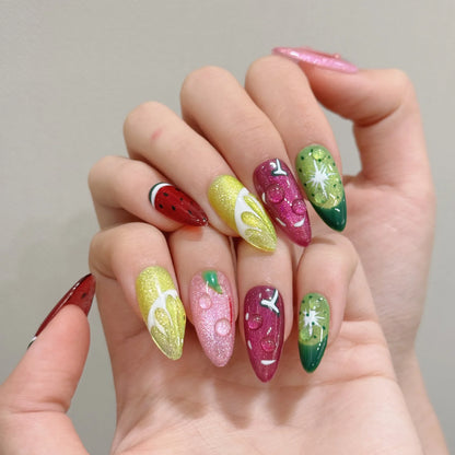 10 uñas postizas de verano con diseño de frutas y purpurina, hechas a mano, con diseño de ojo de gato, estilo hawaiano, con dopamina. 